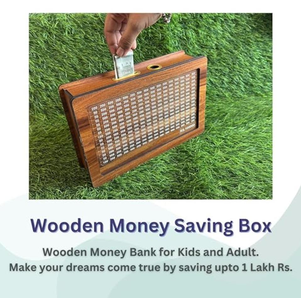 1 Lakh Money Saving Box | Wooden Piggy Bank with Target Tracker | Coin & Cash Bank for Everyone | Sketch Pen Included