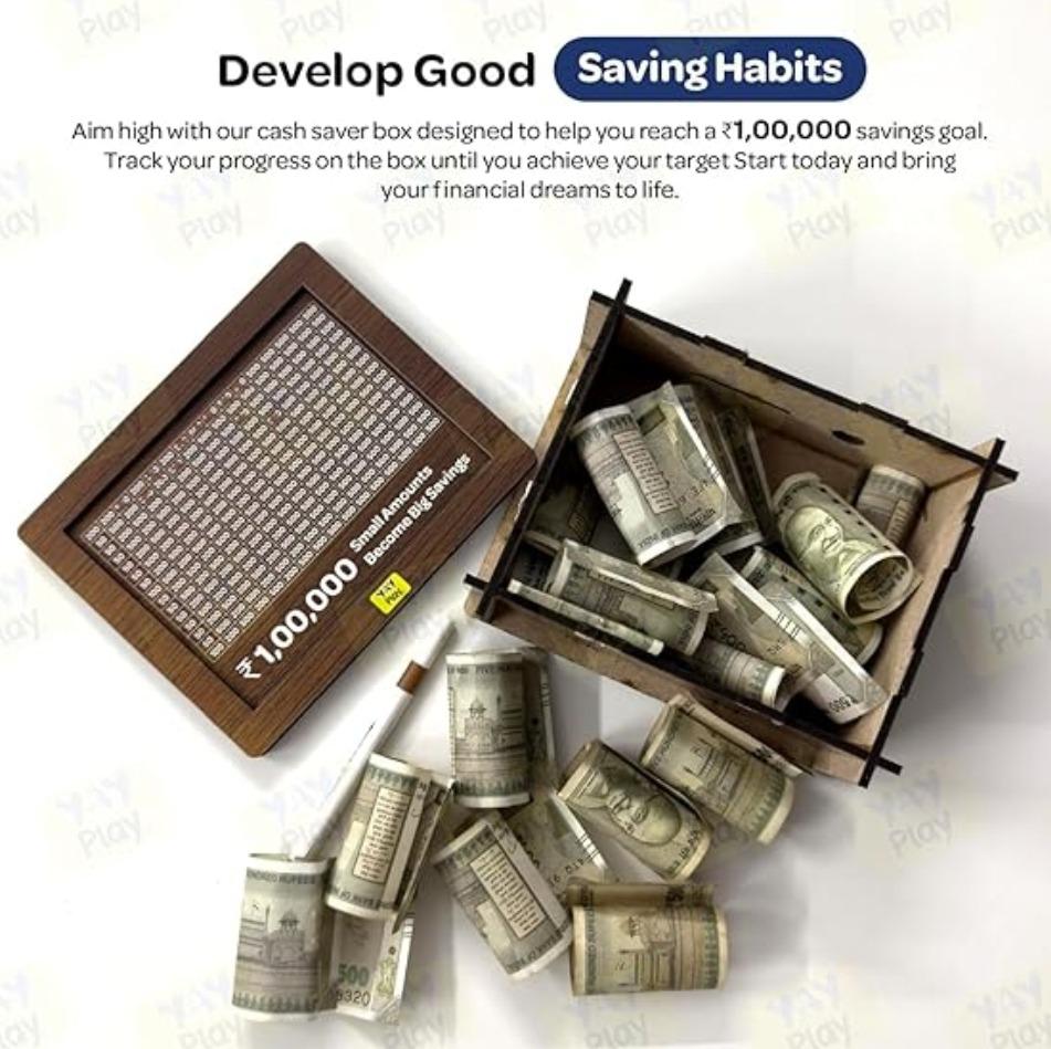 1 Lakh Money Saving Box | Wooden Piggy Bank with Target Tracker | Coin & Cash Bank for Everyone | Sketch Pen Included
