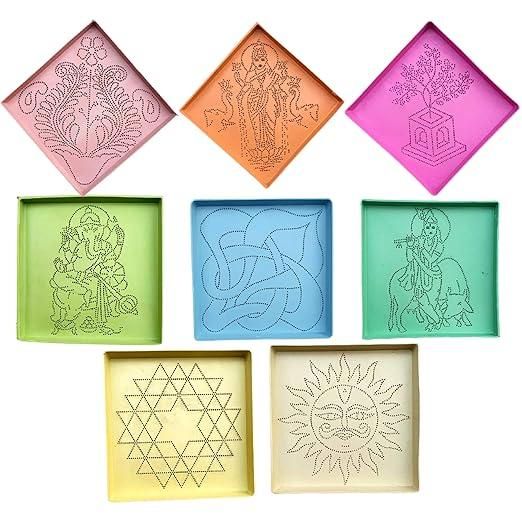Rangoli Tool Kit | 8 Assorted Stencils | Rangoli Powder in Squeeze Bottles | Set of 18