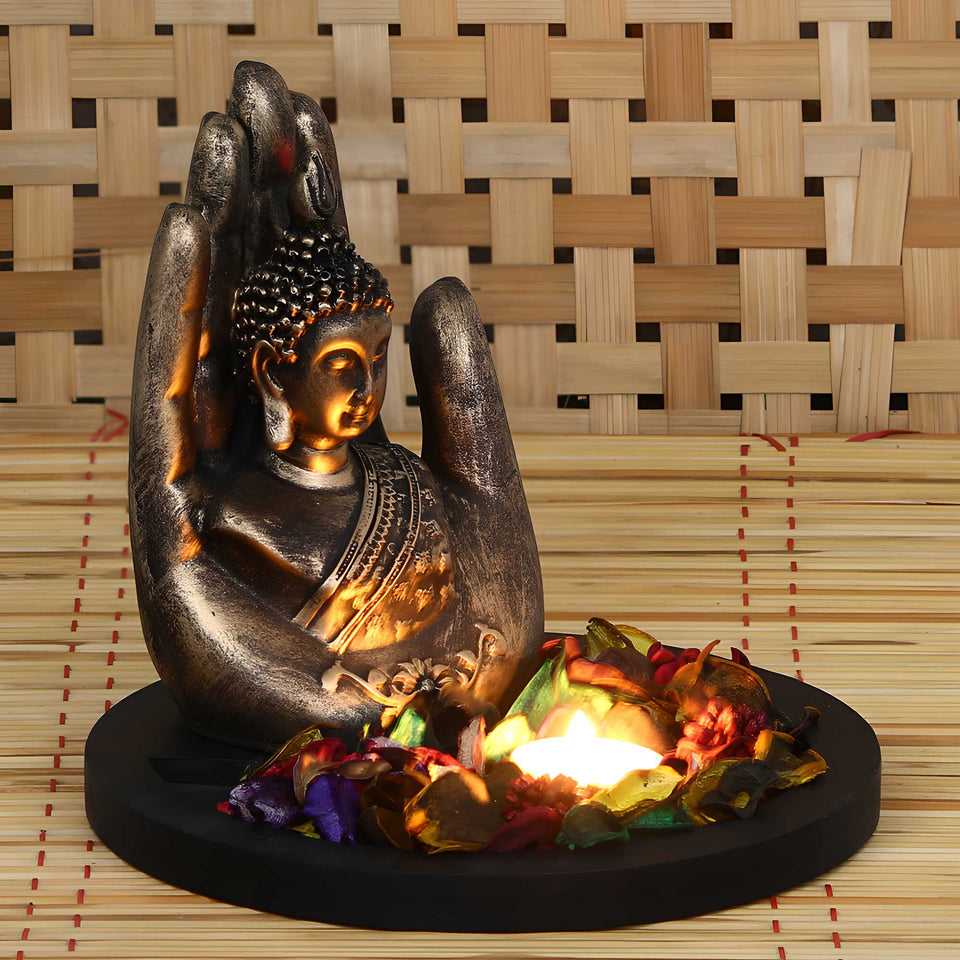 Copper Finish Handcrafted Palm Buddha Decorative Showpiece