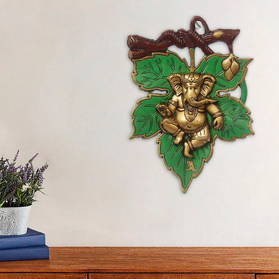 Dancing Golden Lord Ganesha on Green Leaf Metal Wall Hanging