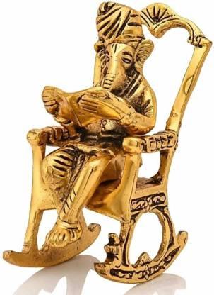 Golden Lord Ganesha Statue Sitting on a Rocking Chair and Reading Ramayan | Decorative Showpiece