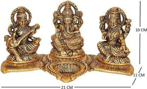 Elegant Gold-Plated Lakshmi, Ganesh & Saraswati Idol with Diya