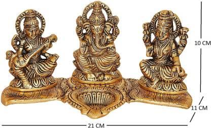 Elegant Gold-Plated Lakshmi, Ganesh & Saraswati Idol with Diya