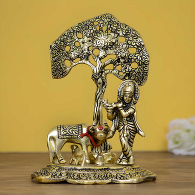 Lord Krishna with Cow and Calf Statue | Golden Finish