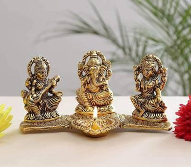 Elegant Gold-Plated Lakshmi, Ganesh & Saraswati Idol with Diya