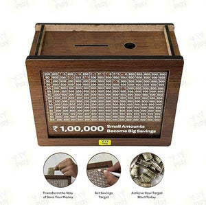 1 Lakh Money Saving Box | Wooden Piggy Bank with Target Tracker | Coin & Cash Bank for Everyone | Sketch Pen Included