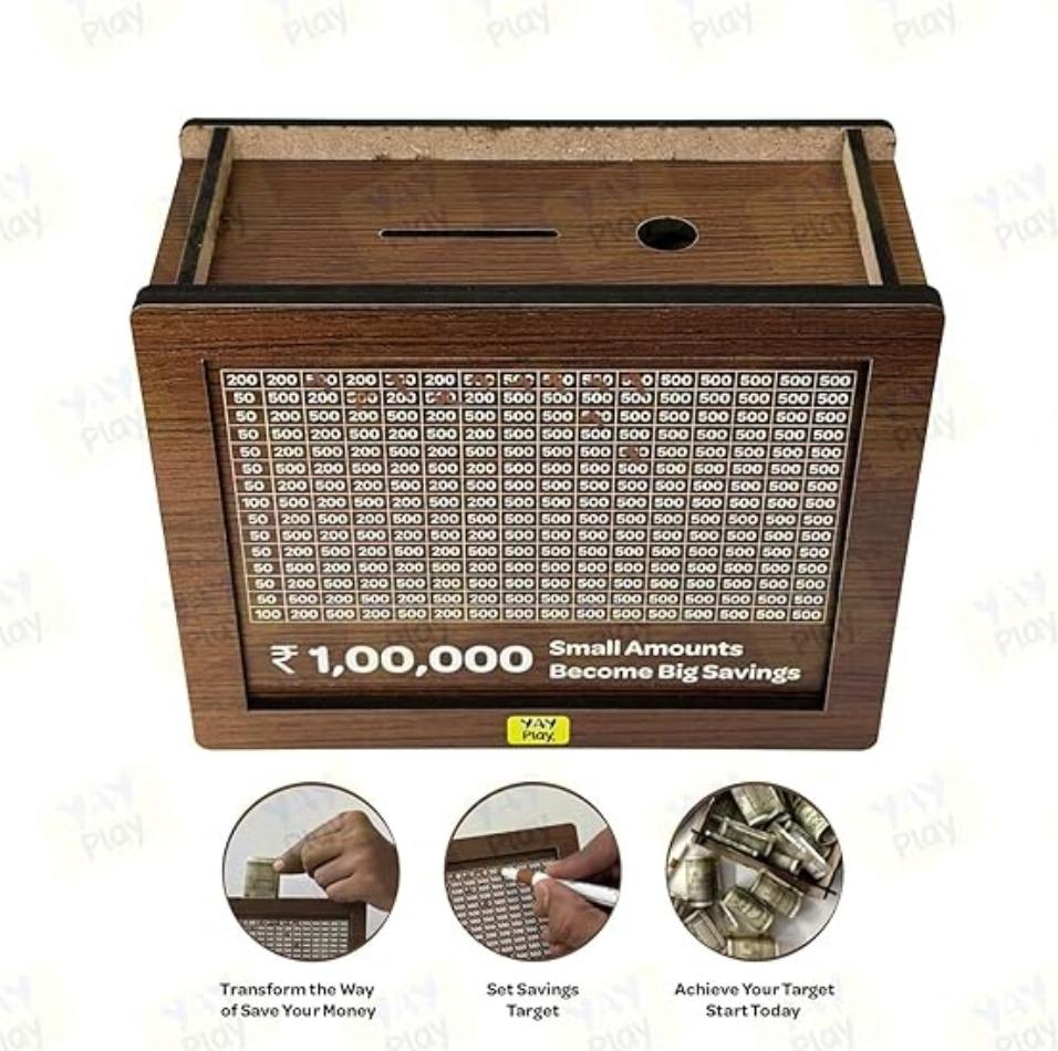 1 Lakh Money Saving Box | Wooden Piggy Bank with Target Tracker | Coin & Cash Bank for Everyone | Sketch Pen Included
