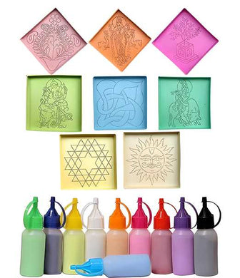 Rangoli Tool Kit | 8 Assorted Stencils | Rangoli Powder in Squeeze Bottles | Set of 18