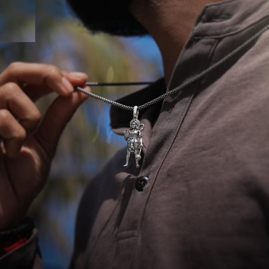 Lord Hanuman Pendant with Chain | Oxidized Silver
