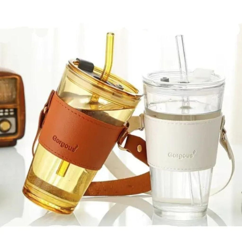 Elegant Glass Tumbler Set with Glass Straw and Secure Lid