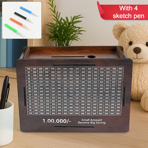 1 Lakh Money Saving Box | Wooden Piggy Bank with Target Tracker | Coin & Cash Bank for Everyone | Sketch Pen Included