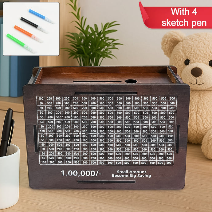1 Lakh Money Saving Box | Wooden Piggy Bank with Target Tracker | Coin & Cash Bank for Everyone | Sketch Pen Included