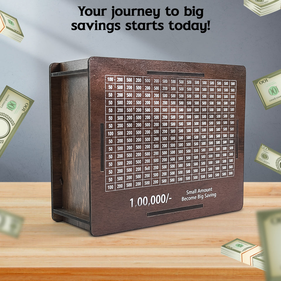 1 Lakh Money Saving Box | Wooden Piggy Bank with Target Tracker | Coin & Cash Bank for Everyone | Sketch Pen Included