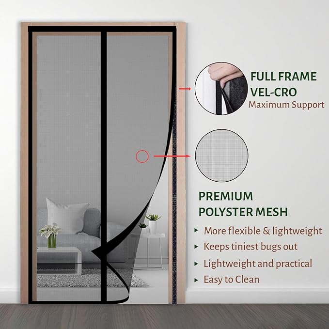 Aumber Polyester Door Mosquito Net with Full Frame Hook & Loop for Main Doors, Bedroom, Kitchen & Balcony Doors (210x90 cm, Black)